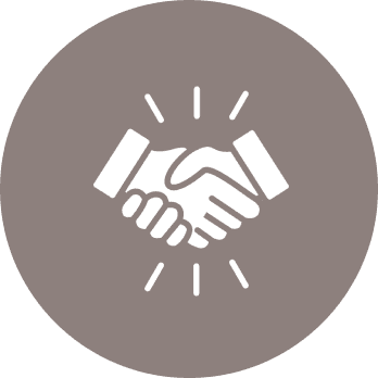 Handshake icon on brown circular background.