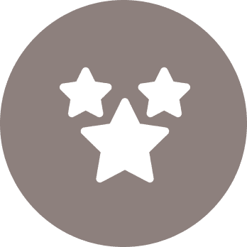 Three white stars on gray circle background.